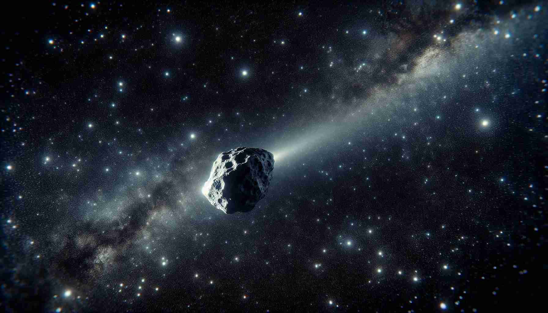 Generate a highly detailed and realistic image showcasing the mystery and beauty of space. This image should highlight a comet or asteroid coursing through the vast void of the cosmos. The celestial body is at the center of the frame, beautifully illuminated against the backdrop of countless stars. The detail on the surface of the asteroid should be impeccably replicated, enhancing the sense of realism in the image. It should look like a real photograph taken by an advanced telescope. The scene should convey a sense of intrigue and wonderment, like an untold story waiting to be unraveled.