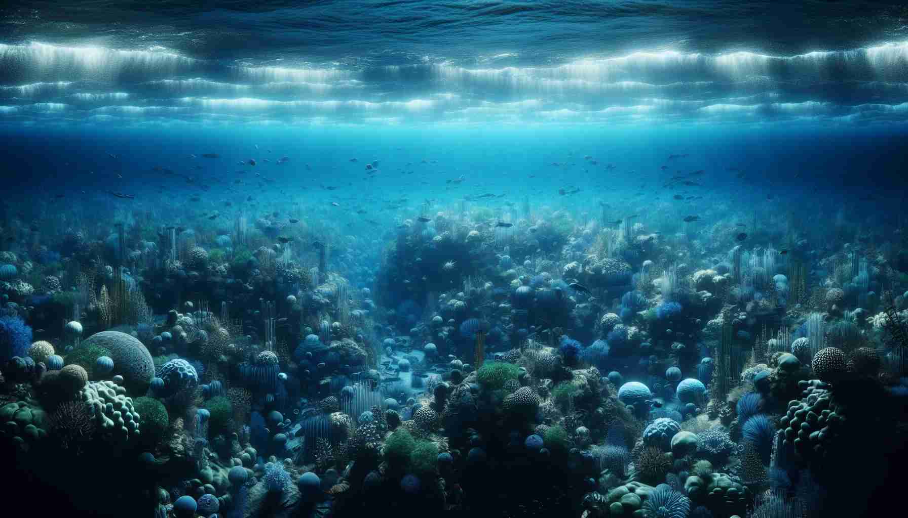 Highly detailed and realistic underwater scene demonstrating a previously undiscovered ecosystem beneath the ocean waves. This world teeming with a variety of marine life forms new and old, expressing the richness and biodiversity of these hidden depths. The sea's composition shifts from vibrant blues at the top, where sunlight filters through, to darker hues deeper down. It's a visually striking contrast between the known surface world and the mystical environment beneath, representing a significant scientific breakthrough.