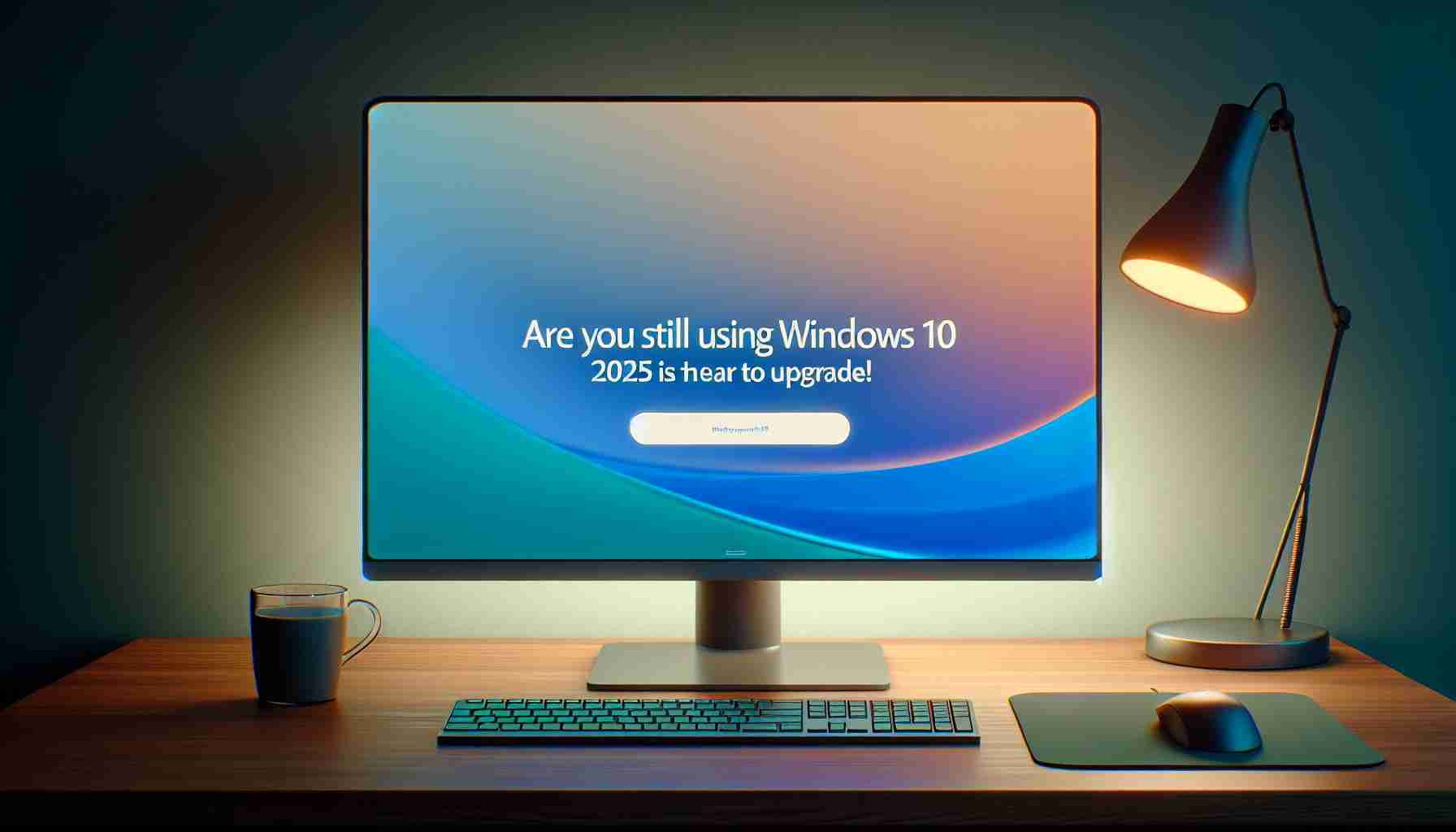 A high-definition, realistic image of a computer screen displaying a prompt that reads 'Are You Still Using Windows 10? 2025 Is the Year to Upgrade!' The computer itself has a modern design, ideally with slim bezels and a large display area. The background of the screen showcases a mellow color gradient, with distinct Windows logo. Make it look like it's sitting on a well-lit desk with some items like a mouse, keyboard, and a cup of coffee around.