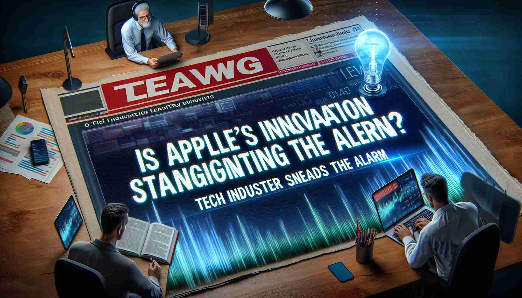 Realistic HD photo of a technology news headline that reads 'Is Apple's Innovation Stagnating? Tech Industry Leader Sounds the Alarm'