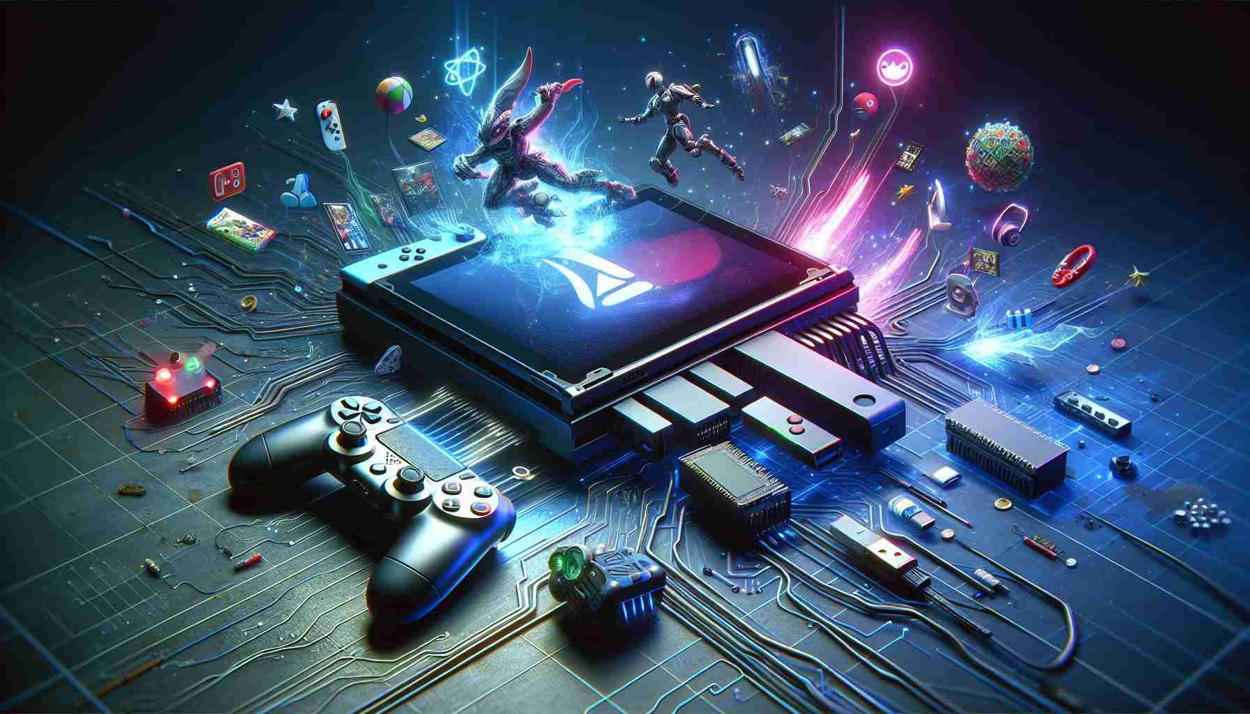 A high-definition, realistic image showcasing the announcement of exciting news for gamers. Highlight the imminent arrival of major gaming titles on the hypothetical next generation gaming console, the sequel to the Nintendo Switch. The image should encapsulate the thrill, anticipation, and energy associated with such an important piece of news. The interface of the console and some symbols or illustrations suggestive of popular gaming genres can be in the picture, but exact games or their details should not be shown.